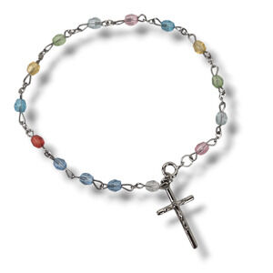 Colorful Faceted Bead Rosary Bracelet Crucifix Charm Christian Silver Tone Blue
